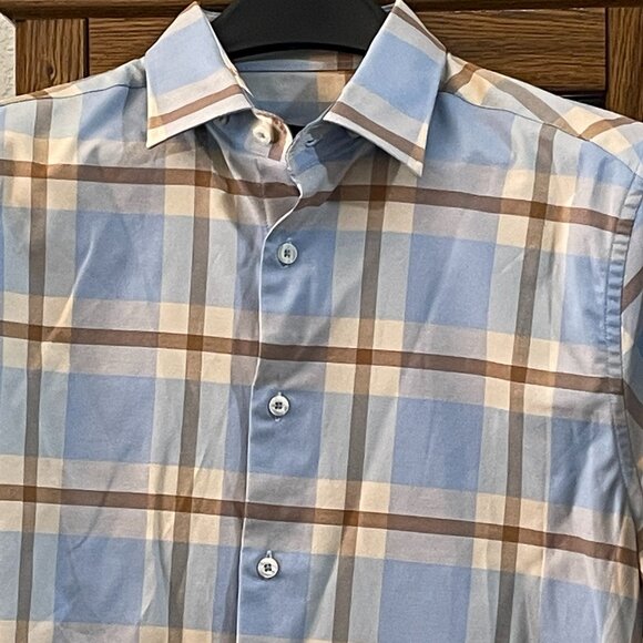 NWT $158 Blue / Tan Tartan Plaid Shirt STONE ROSE M - Picture 5 of 6